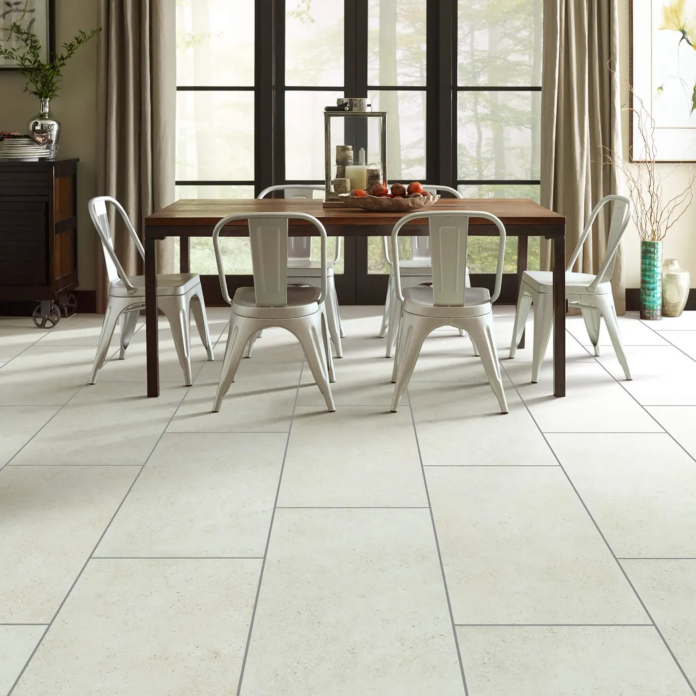 Crete-CS86Q-00100-Avorio-18x36-Sqr Shaw Floors Avorio large rectangular light beige tile in a dining room | Frazee Carpet & Flooring