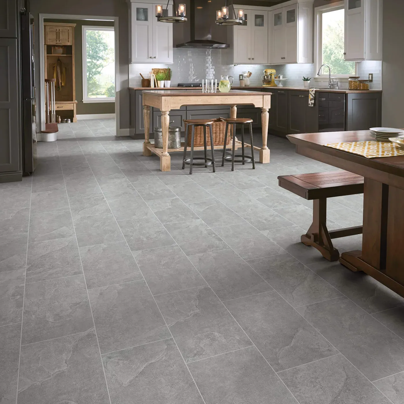 Crown-226TS-00550-Smoke-12x24-8U658-RM-H Shaw Floors Smoke gray large square tile in a kitchen | Frazee Carpet & Flooring