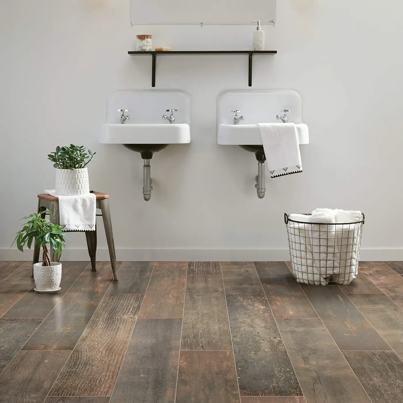 Emberwood-CS69Z-00719-Burned-7x47-8U396-RM-V Shaw Floors tile with a dark, burned wood look, in a bathroom | Frazee Carpet & Flooring