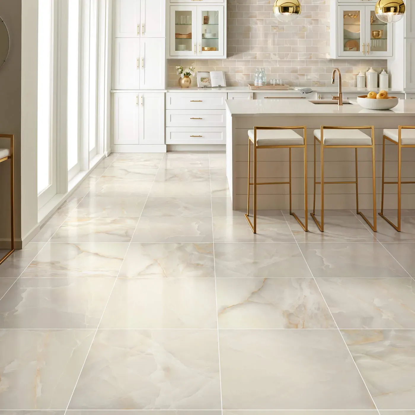Gemstone-Polished-336TS-00200-Beige-24x24-BrickMosaic-RM-V Shaw Floors Beige polished tile with subtle veining in a white kitchen | Frazee Carpet & Flooring
