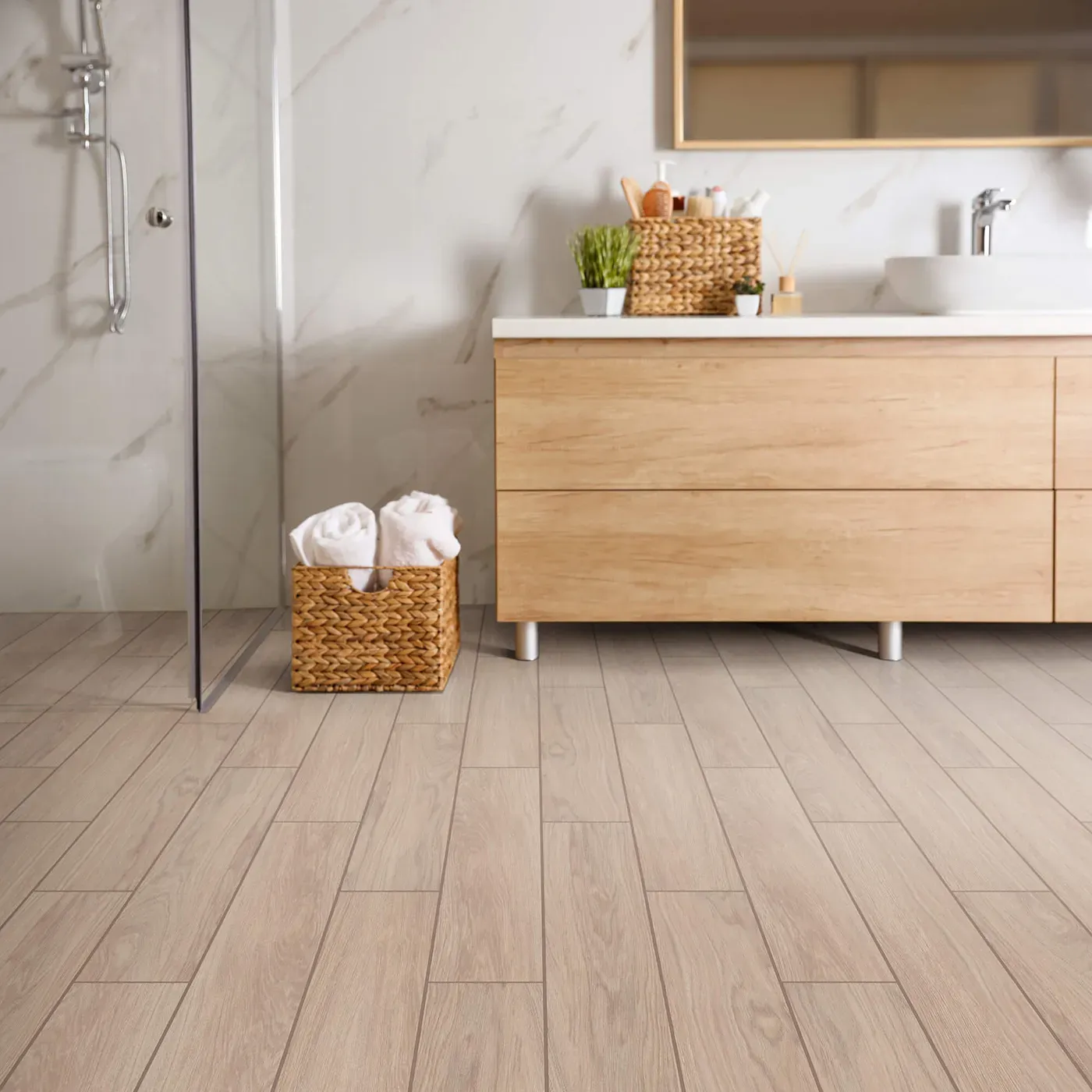 Moonstruck-401TS-00150-Ardor-6x36-RM-H Shaw Floors tile with a light wood look, in a modern bathroom | Frazee Carpet & Flooring